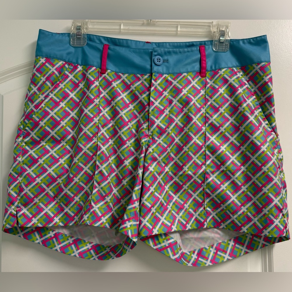 Birdies and Bows Women’s Golf Shorts Sz 8 pink, green, and blue Vibrant colors